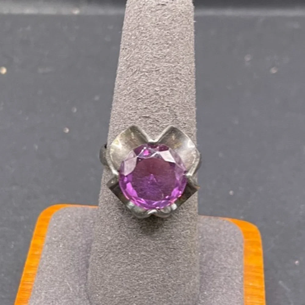 Vintage Sanchez Mexico 925 Sterling Silver Purple Sapphire Flower Ring Size 9.5
